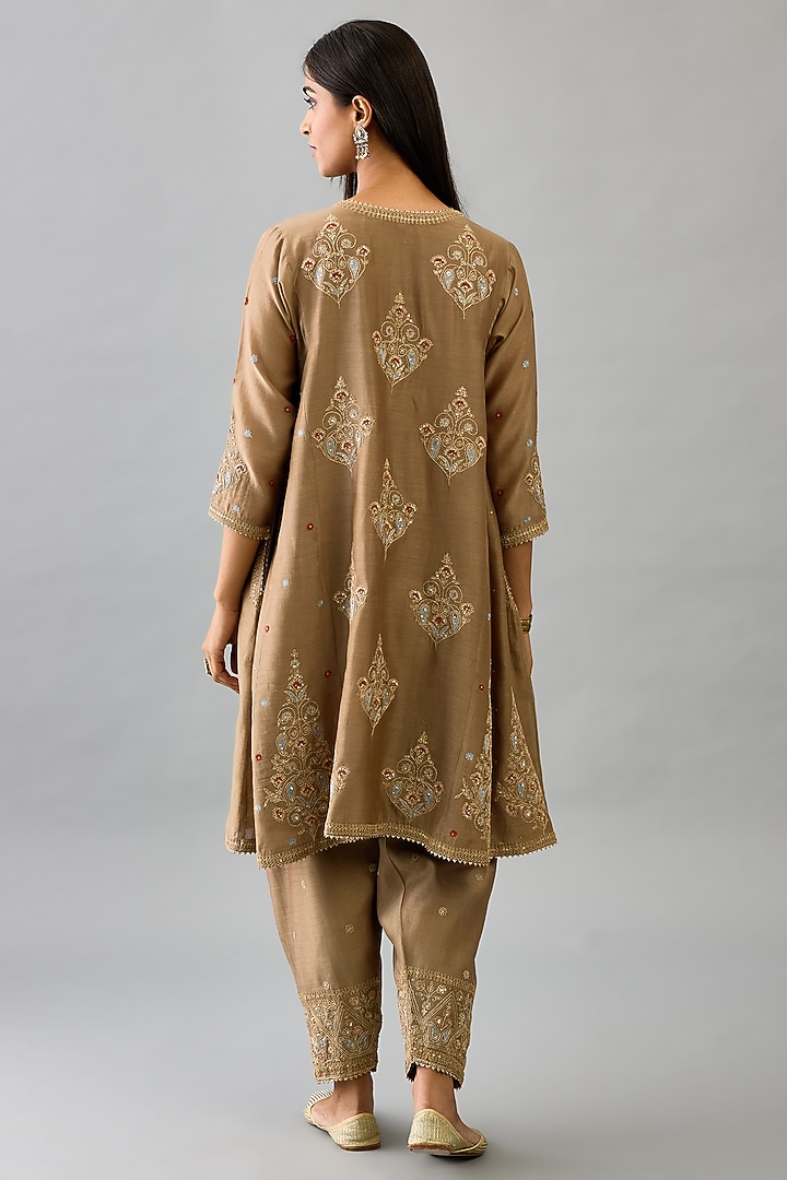 Taupe Silk Chanderi Sequins Embroidered Short Kurta Set by Kora at Pernia's Pop Up Shop