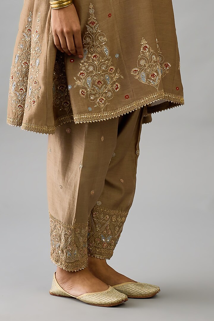 Taupe Silk Chanderi Sequins Embroidered Short Kurta Set by Kora at Pernia's Pop Up Shop