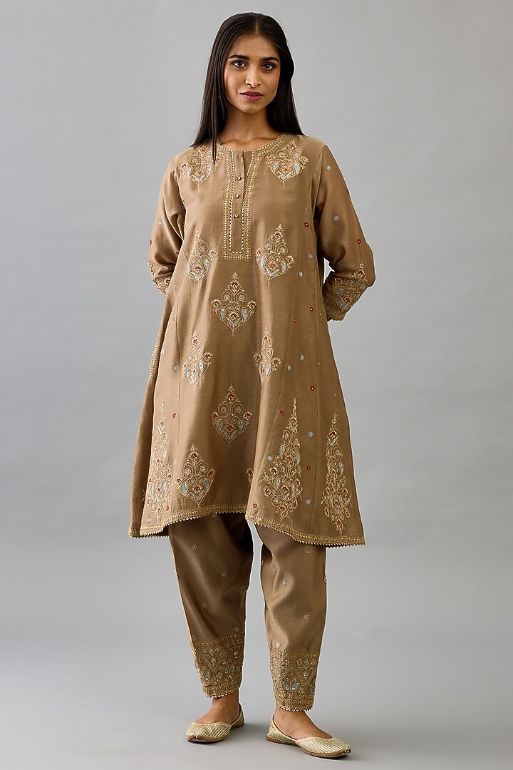 Taupe Silk Chanderi Sequins Embroidered Short Kurta Set by Kora at Pernia's Pop Up Shop