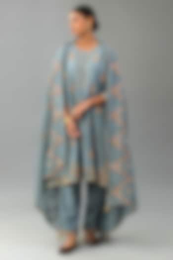 Light Blue Silk Chanderi Sequins Embroidered A-Line Kurta Set by Kora at Pernia's Pop Up Shop