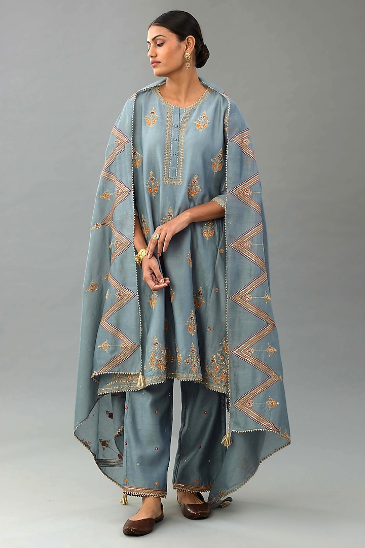 Light Blue Silk Chanderi Sequins Embroidered A-Line Kurta Set by Kora at Pernia's Pop Up Shop