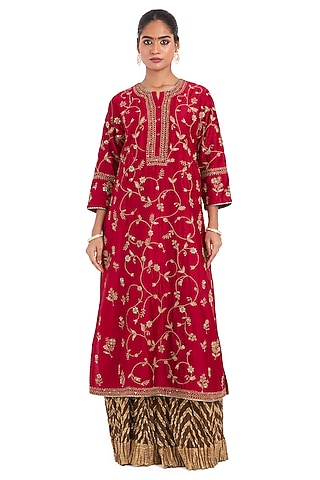 Red Silk Chanderi Jaal Embroidered Kurta by Kora