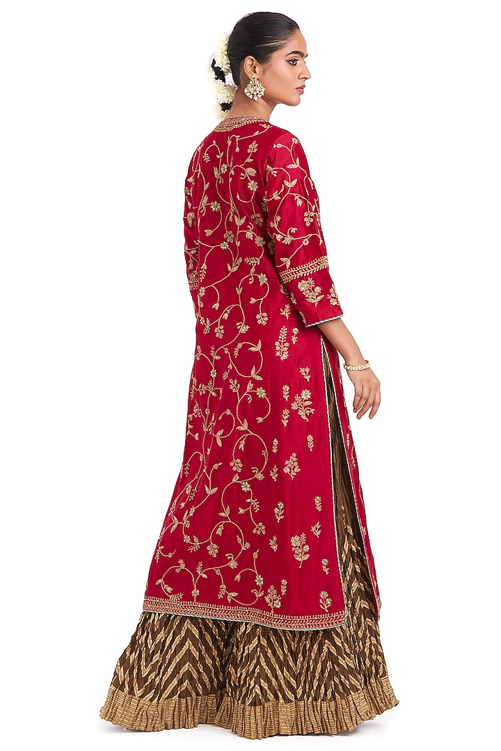 Red Silk Chanderi Jaal Embroidered Kurta by Kora at Pernia's Pop Up Shop
