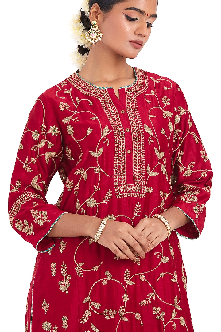 Red Silk Chanderi Jaal Embroidered Kurta by Kora at Pernia's Pop Up Shop