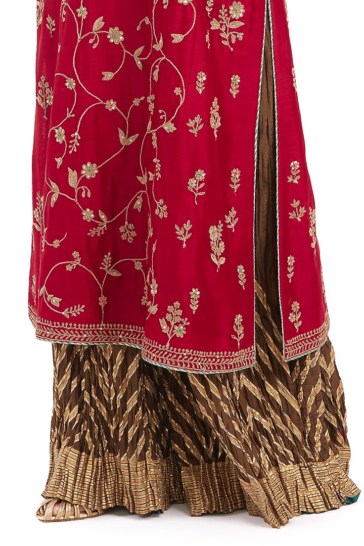 Red Silk Chanderi Jaal Embroidered Kurta Set by Kora at Pernia's Pop Up Shop