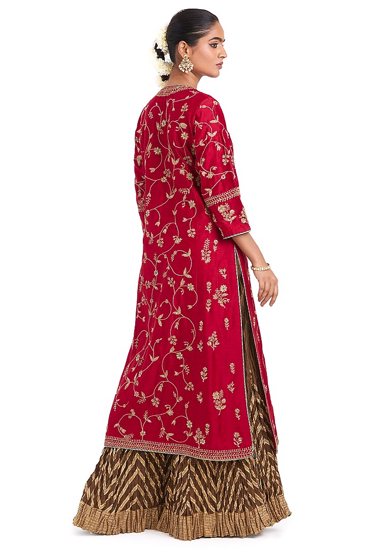 Red Silk Chanderi Jaal Embroidered Kurta Set by Kora at Pernia's Pop Up Shop