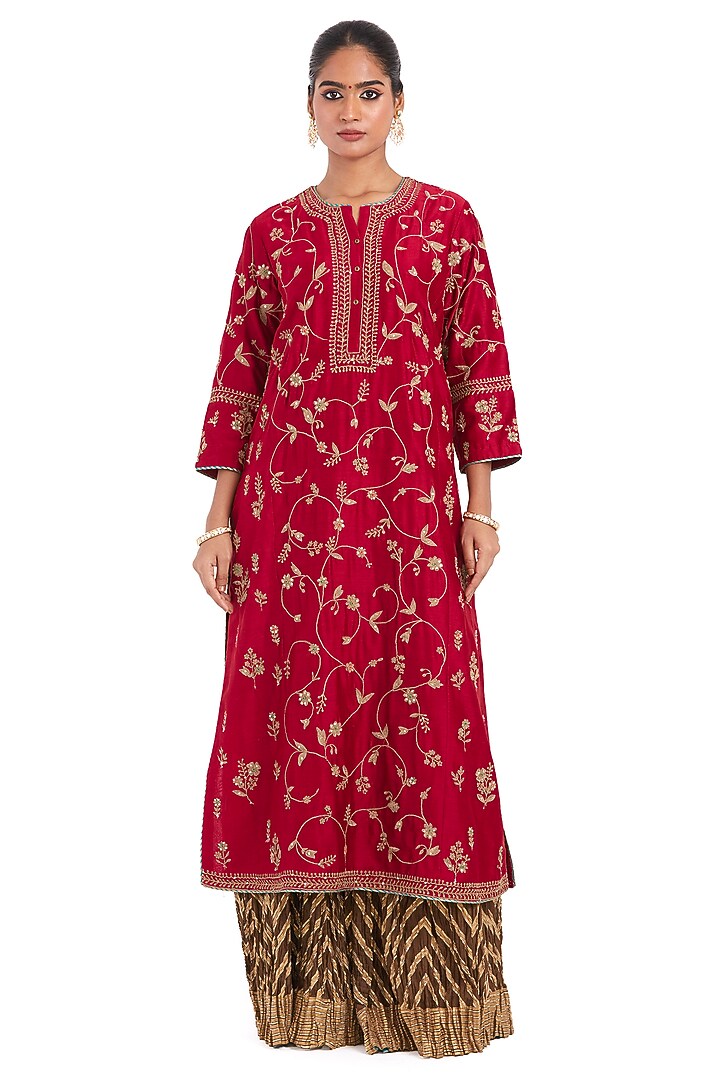 Red Silk Chanderi Jaal Embroidered Kurta Set by Kora at Pernia's Pop Up Shop