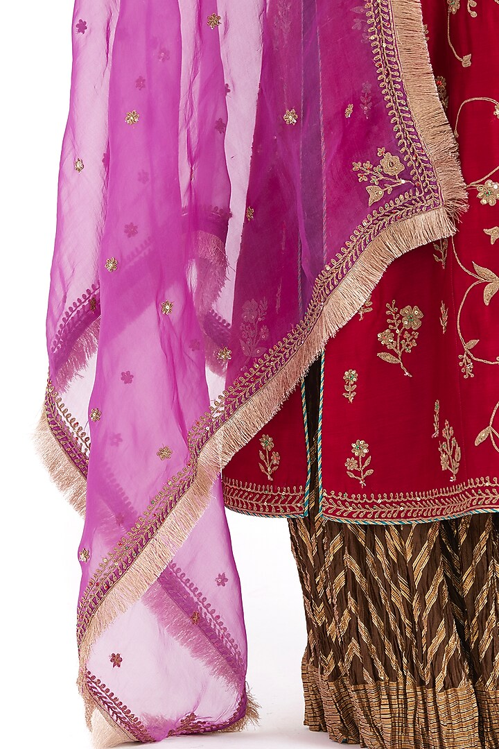 Red Silk Chanderi Jaal Embroidered Kurta Set by Kora at Pernia's Pop Up Shop