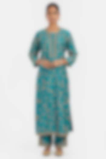 Teal Silk Chanderi Jaal Embroidered Kurta by Kora at Pernia's Pop Up Shop