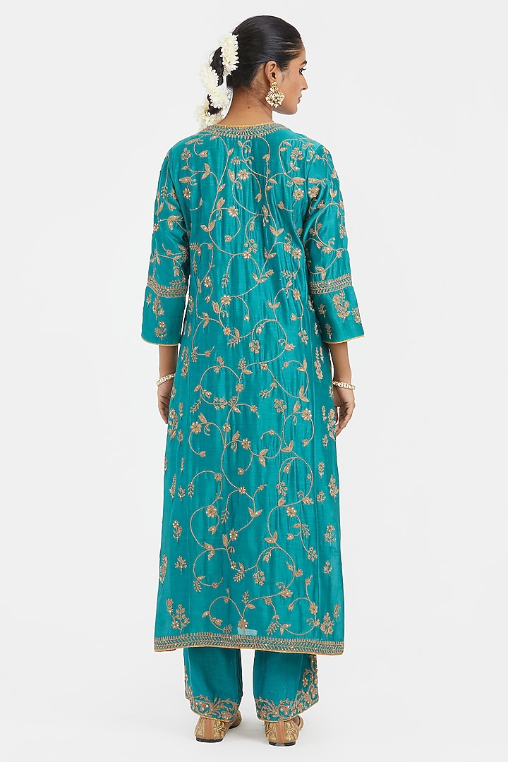 Teal Silk Chanderi Jaal Embroidered Kurta by Kora at Pernia's Pop Up Shop