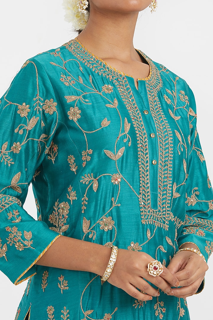Teal Silk Chanderi Jaal Embroidered Kurta by Kora at Pernia's Pop Up Shop