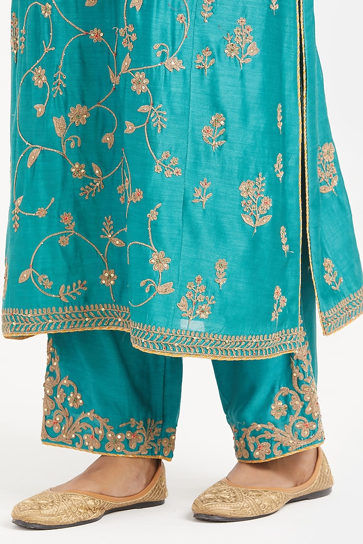 Teal Silk Chanderi Jaal Embroidered Kurta Set by Kora at Pernia's Pop Up Shop