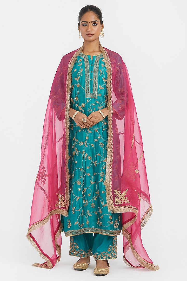 Teal Silk Chanderi Jaal Embroidered Kurta Set by Kora at Pernia's Pop Up Shop