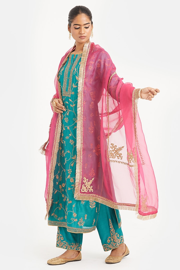 Teal Silk Chanderi Jaal Embroidered Kurta Set by Kora at Pernia's Pop Up Shop