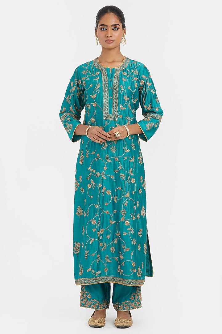 Teal Silk Chanderi Jaal Embroidered Kurta Set by Kora at Pernia's Pop Up Shop