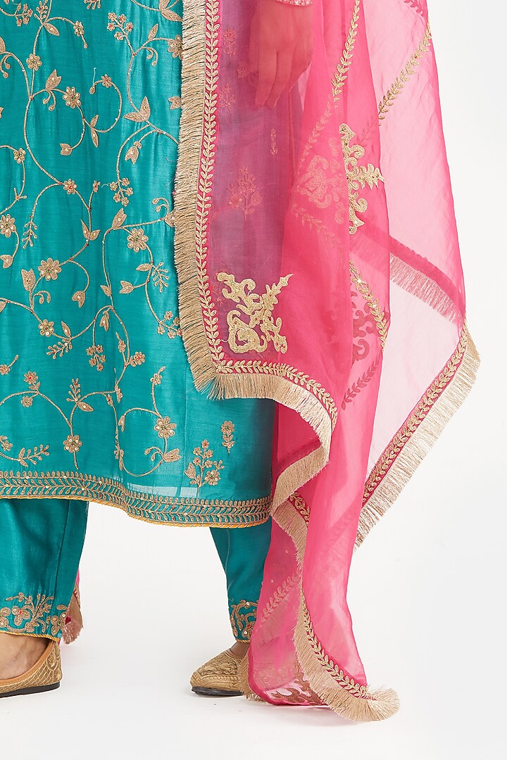 Teal Silk Chanderi Jaal Embroidered Kurta Set by Kora at Pernia's Pop Up Shop