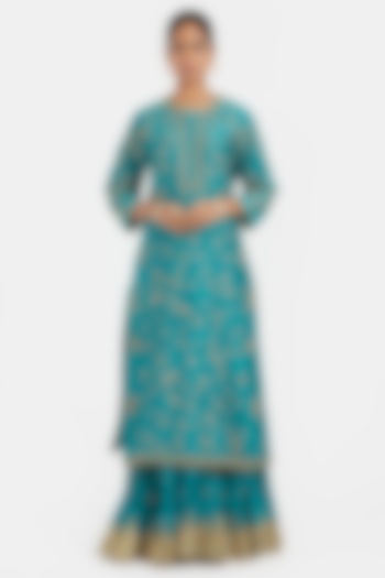 Teal Silk Chanderi Jaal Embroidered Kurta by Kora at Pernia's Pop Up Shop
