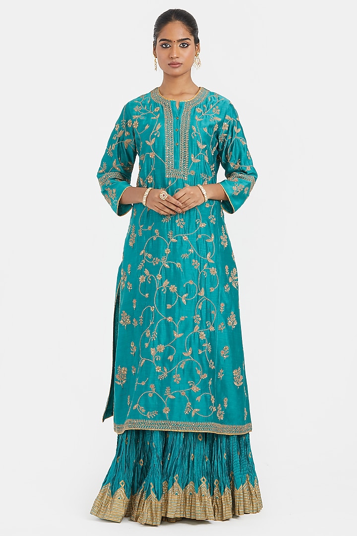 Teal Silk Chanderi Jaal Embroidered Kurta by Kora at Pernia's Pop Up Shop