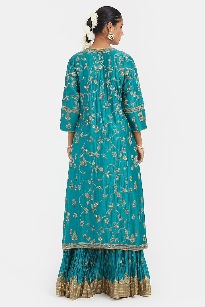 Teal Silk Chanderi Jaal Embroidered Kurta by Kora at Pernia's Pop Up Shop