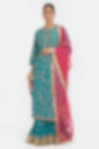 Teal Silk Chanderi Gota Embroidered Wedding Lehenga Set by Kora at Pernia's Pop Up Shop