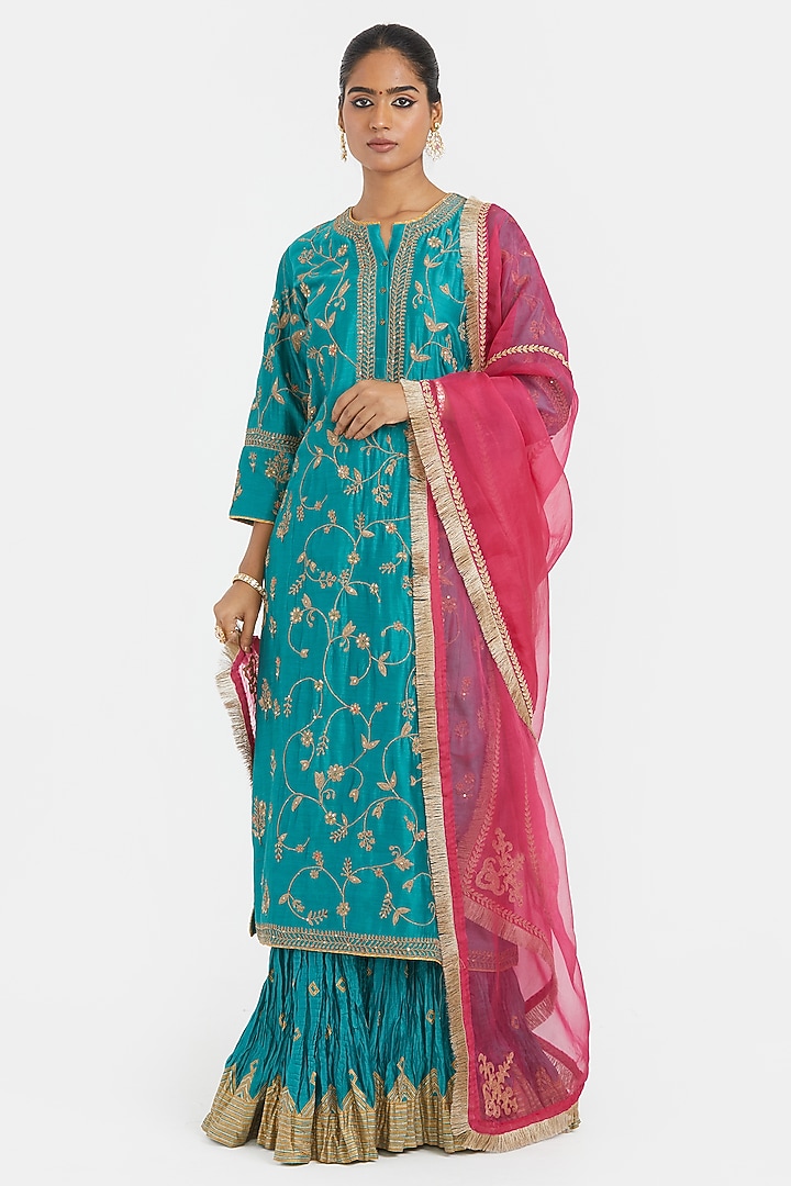 Teal Silk Chanderi Gota Embroidered Wedding Lehenga Set by Kora at Pernia's Pop Up Shop