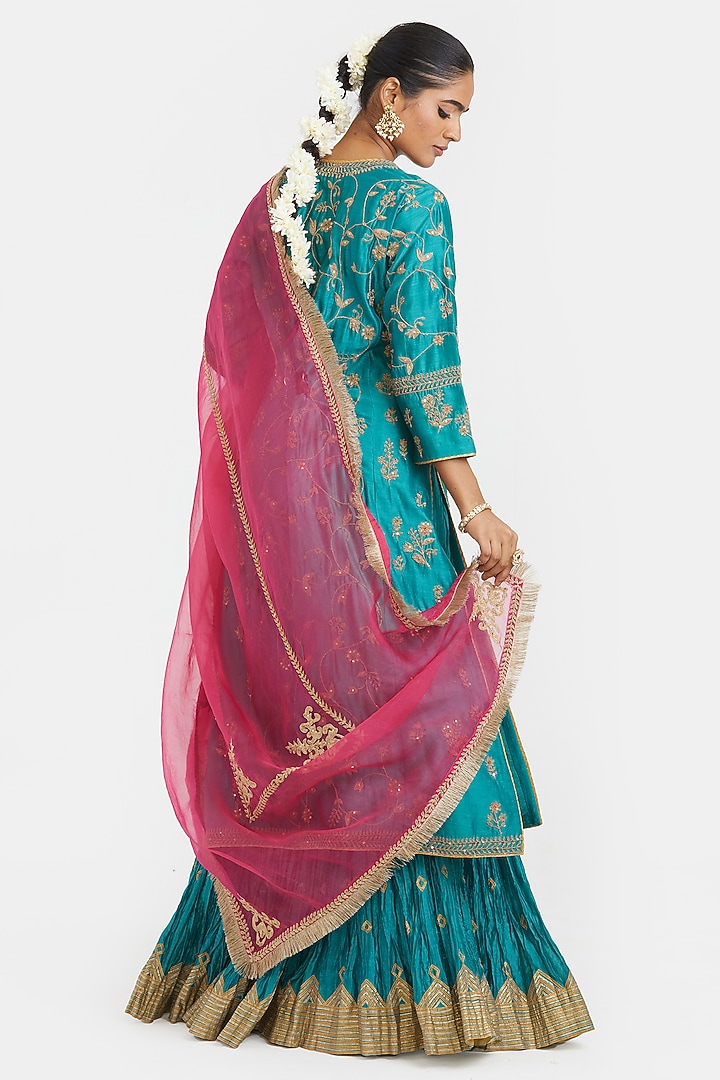 Teal Silk Chanderi Gota Embroidered Wedding Lehenga Set by Kora at Pernia's Pop Up Shop