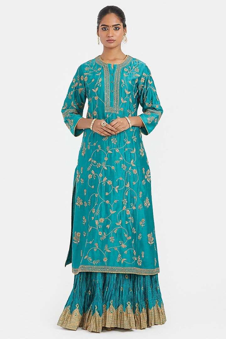 Teal Silk Chanderi Gota Embroidered Wedding Lehenga Set by Kora at Pernia's Pop Up Shop