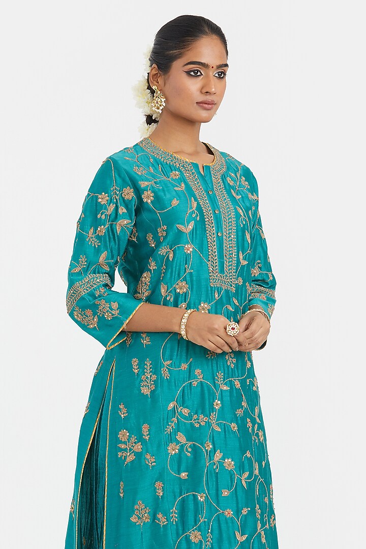 Teal Silk Chanderi Gota Embroidered Wedding Lehenga Set by Kora at Pernia's Pop Up Shop