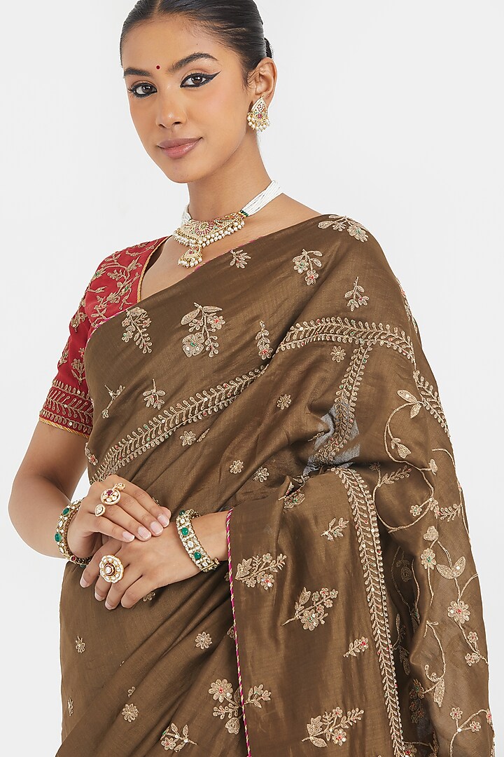 Olive Silk Chanderi Sequins Embroidered Wedding Saree by Kora at Pernia's Pop Up Shop