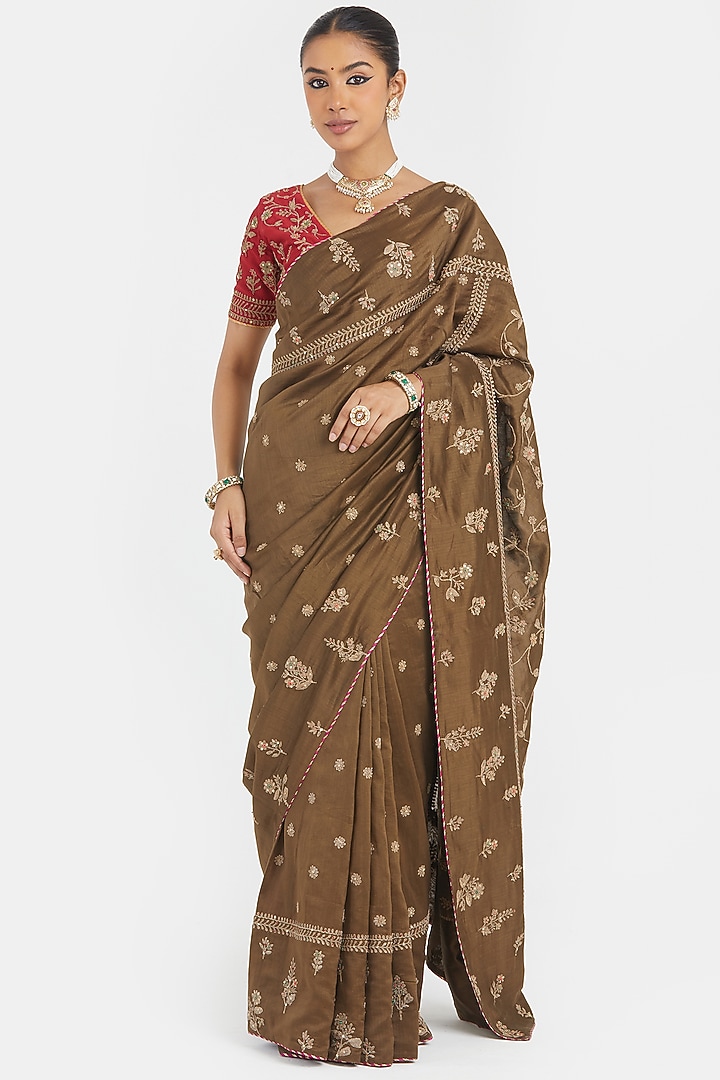 Olive Silk Chanderi Sequins Embroidered Wedding Saree Set by Kora at Pernia's Pop Up Shop
