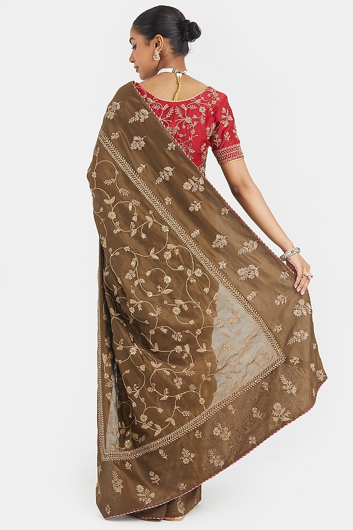 Olive Silk Chanderi Sequins Embroidered Wedding Saree Set by Kora at Pernia's Pop Up Shop