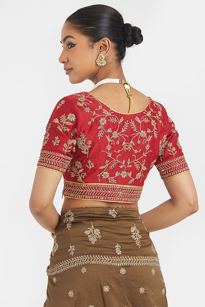Olive Silk Chanderi Sequins Embroidered Wedding Saree Set by Kora at Pernia's Pop Up Shop