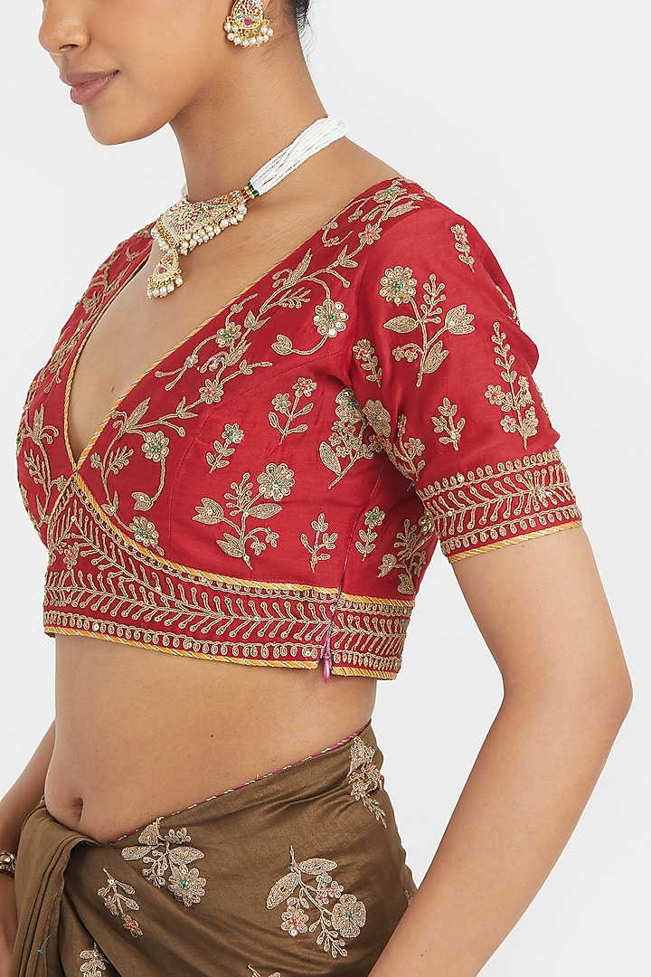 Olive Silk Chanderi Sequins Embroidered Wedding Saree Set by Kora at Pernia's Pop Up Shop