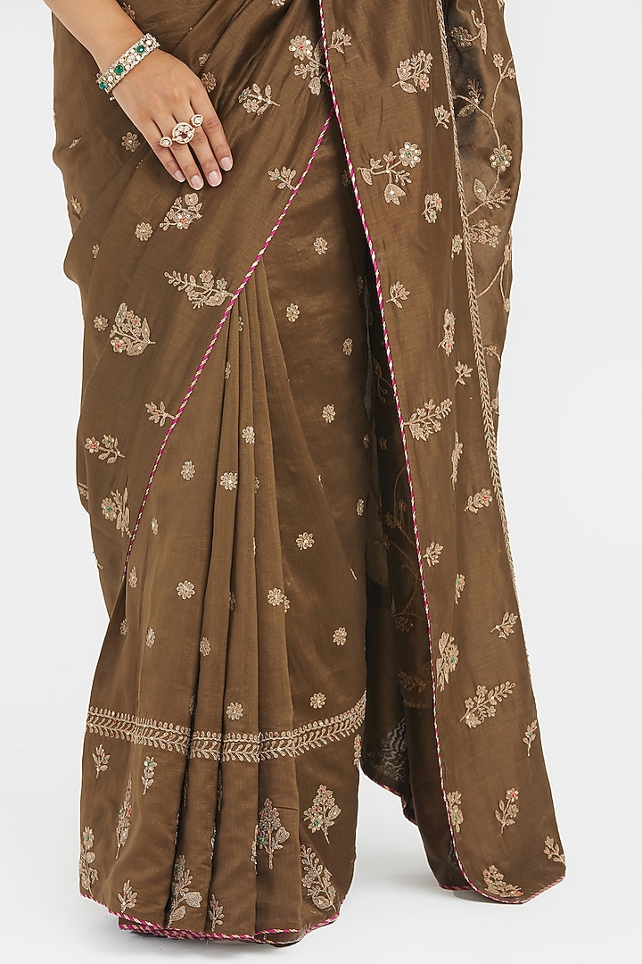 Olive Silk Chanderi Sequins Embroidered Wedding Saree Set by Kora at Pernia's Pop Up Shop