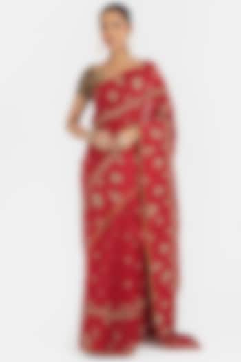 Bright Red Silk Chanderi Sequins Embroidered Wedding Saree by Kora at Pernia's Pop Up Shop
