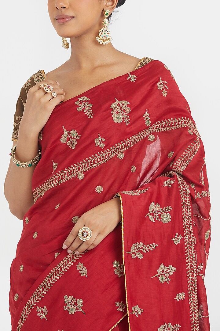 Bright Red Silk Chanderi Sequins Embroidered Wedding Saree by Kora at Pernia's Pop Up Shop