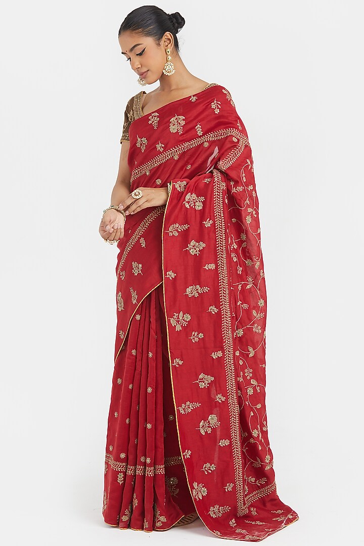 Bright Red Silk Chanderi Sequins Embroidered Wedding Saree by Kora at Pernia's Pop Up Shop
