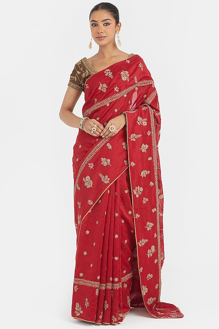 Bright Red Silk Chanderi Sequins Embroidered Wedding Saree Set by Kora at Pernia's Pop Up Shop