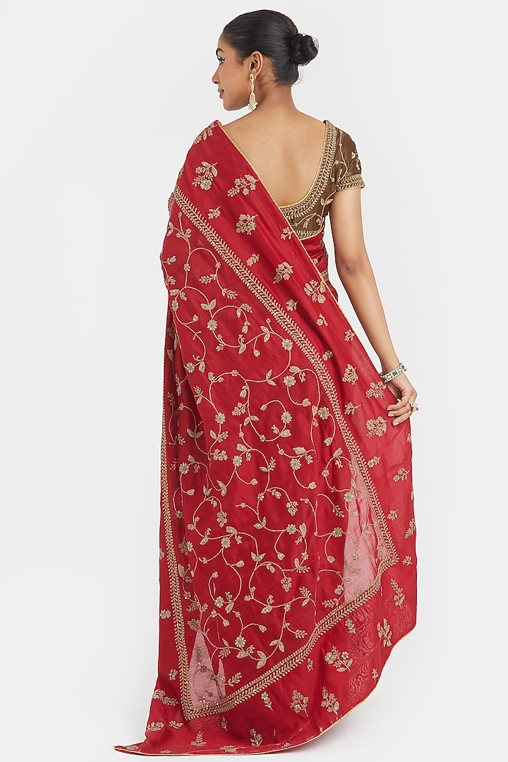 Bright Red Silk Chanderi Sequins Embroidered Wedding Saree Set by Kora at Pernia's Pop Up Shop