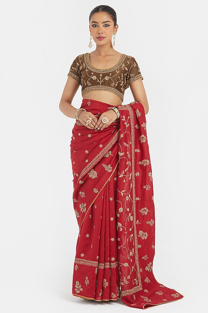 Bright Red Silk Chanderi Sequins Embroidered Wedding Saree Set by Kora at Pernia's Pop Up Shop