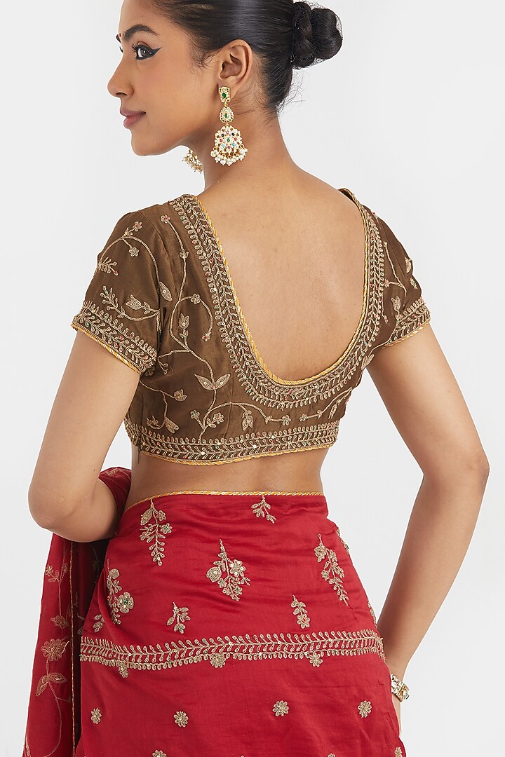 Bright Red Silk Chanderi Sequins Embroidered Wedding Saree Set by Kora at Pernia's Pop Up Shop