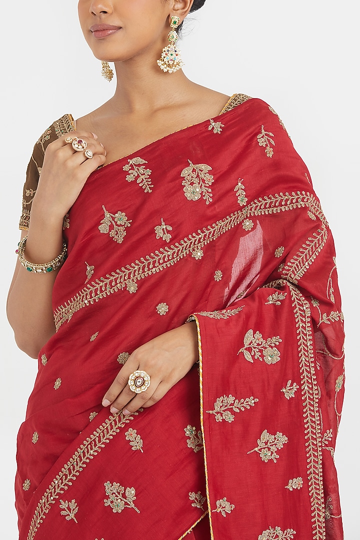 Bright Red Silk Chanderi Sequins Embroidered Wedding Saree Set by Kora at Pernia's Pop Up Shop