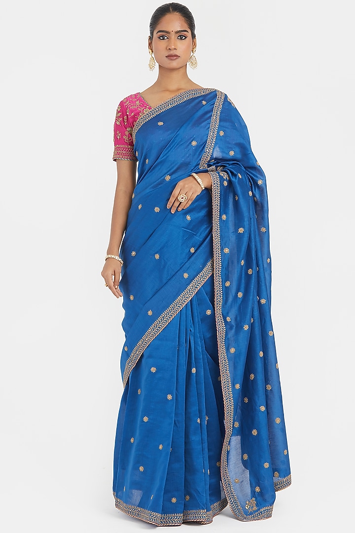 Chelsea Blue Silk Chanderi Sequins Embroidered Party Wear Saree by Kora at Pernia's Pop Up Shop