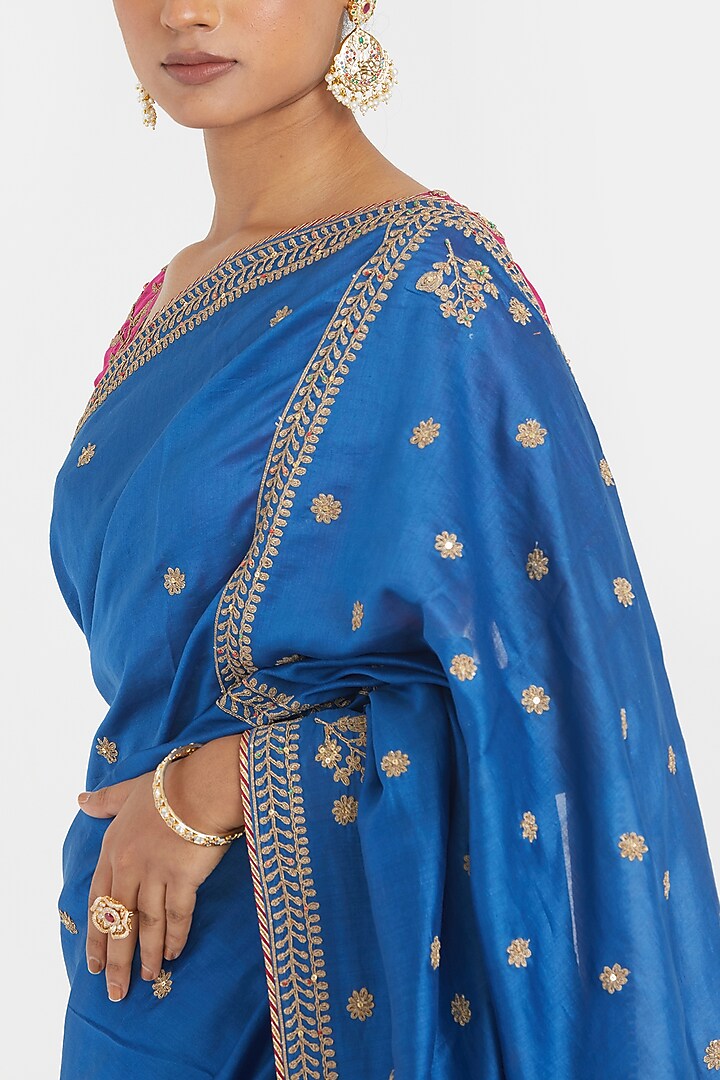 Chelsea Blue Silk Chanderi Sequins Embroidered Party Wear Saree by Kora at Pernia's Pop Up Shop