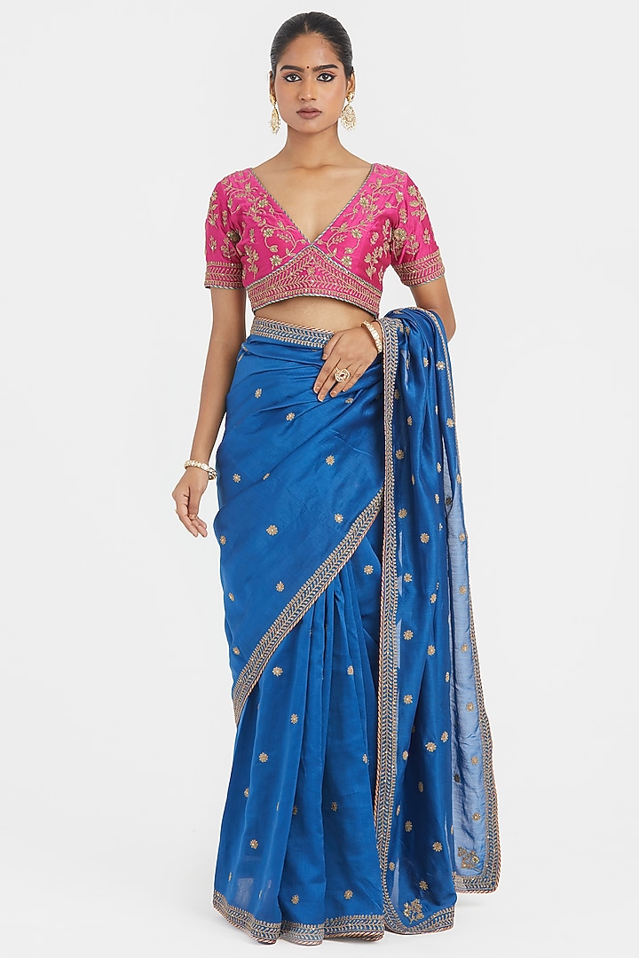 Chelsea Blue Silk Chanderi Sequins Embroidered Wedding Saree Set by Kora at Pernia's Pop Up Shop