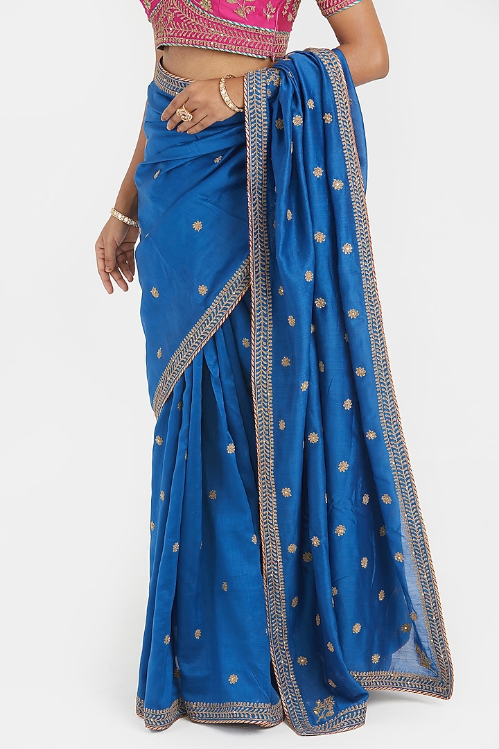 Chelsea Blue Silk Chanderi Sequins Embroidered Wedding Saree Set by Kora at Pernia's Pop Up Shop