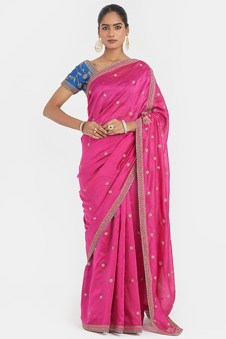 Fuchsia Silk Chanderi Sequins Embroidered Party Wear Saree by Kora at Pernia's Pop Up Shop