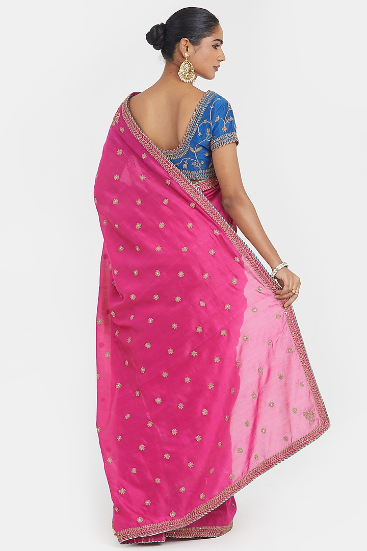Fuchsia Silk Chanderi Sequins Embroidered Party Wear Saree by Kora at Pernia's Pop Up Shop