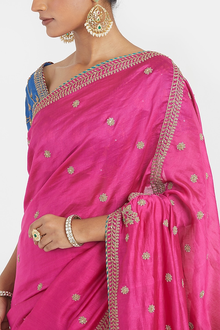 Fuchsia Silk Chanderi Sequins Embroidered Party Wear Saree by Kora at Pernia's Pop Up Shop