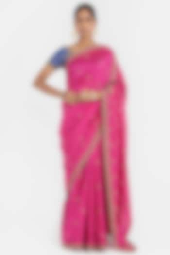 Fuchsia Silk Chanderi Sequins Embroidered Wedding Saree Set by Kora at Pernia's Pop Up Shop